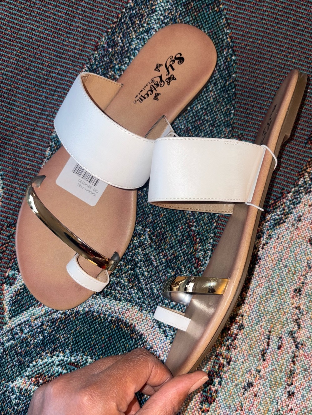Self Esteem White Slide Sandals with Gold Accent Bar